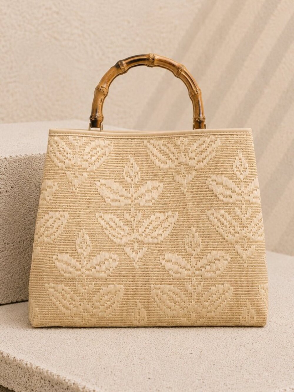 Bamboo Handle Embroidered Riviera Tote Bag NWT Tan Vacation Resort Shoulder Bag